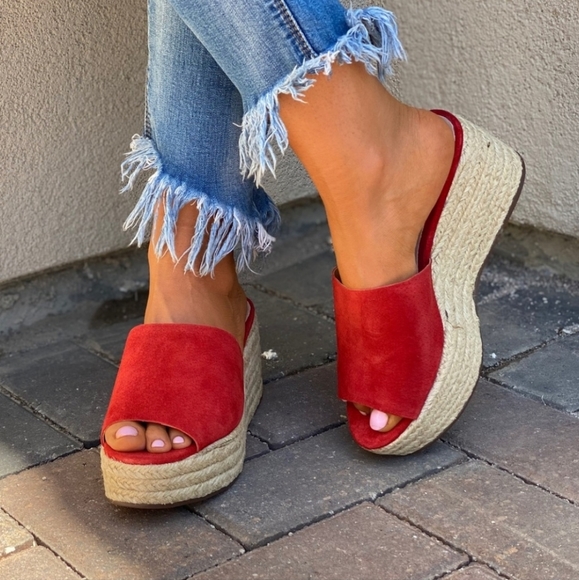 Schutz Red Suede Slide Espadrille Wedge Sandals - Picture 3 of 9